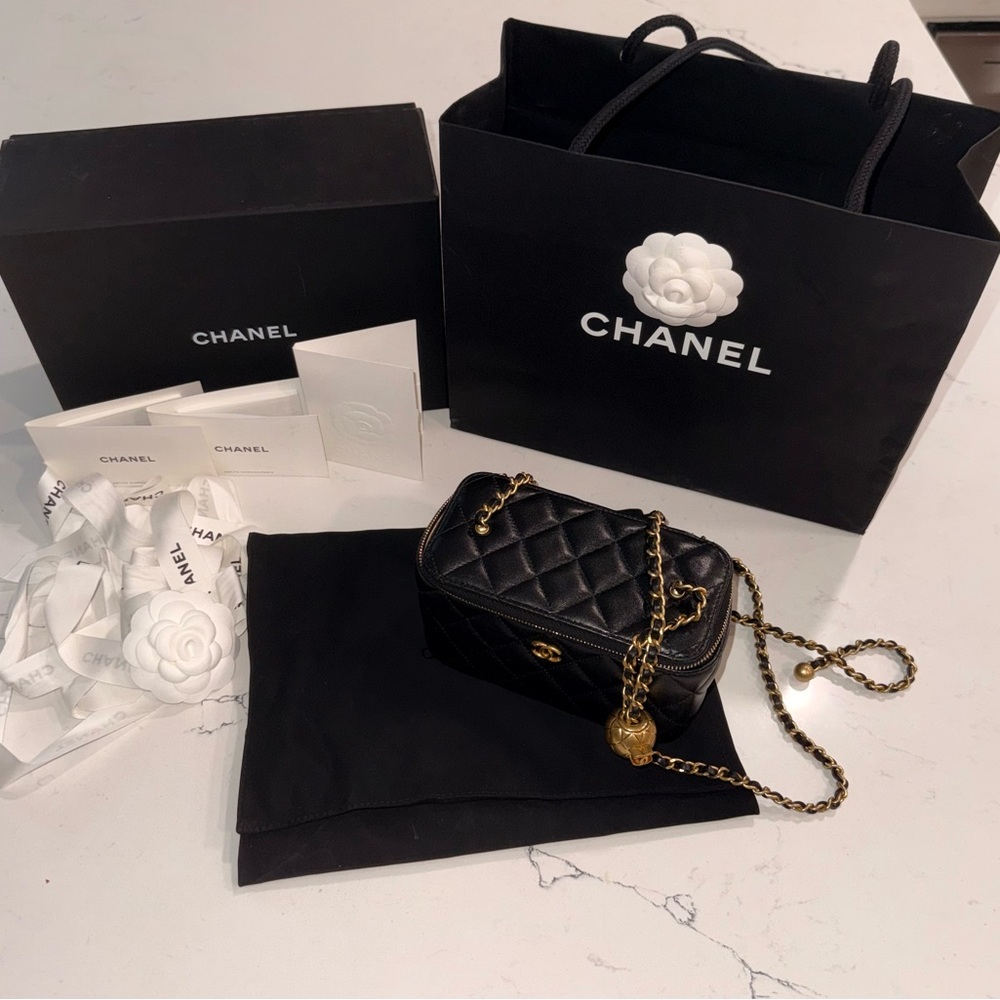 CHANEL Black Quilted Leather Mini Camera Crossbody with Gold Chain